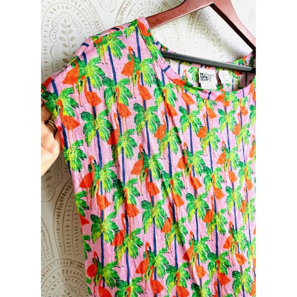 BOUFFANTS + BROKEN HEARTS Womens L Pink Flamingo & Palm Tree Linen Boxy Crop Tee - Picture 3 of 10